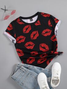 SHEIN LUNE Lip Print Round Neck Tee - Black - View 1