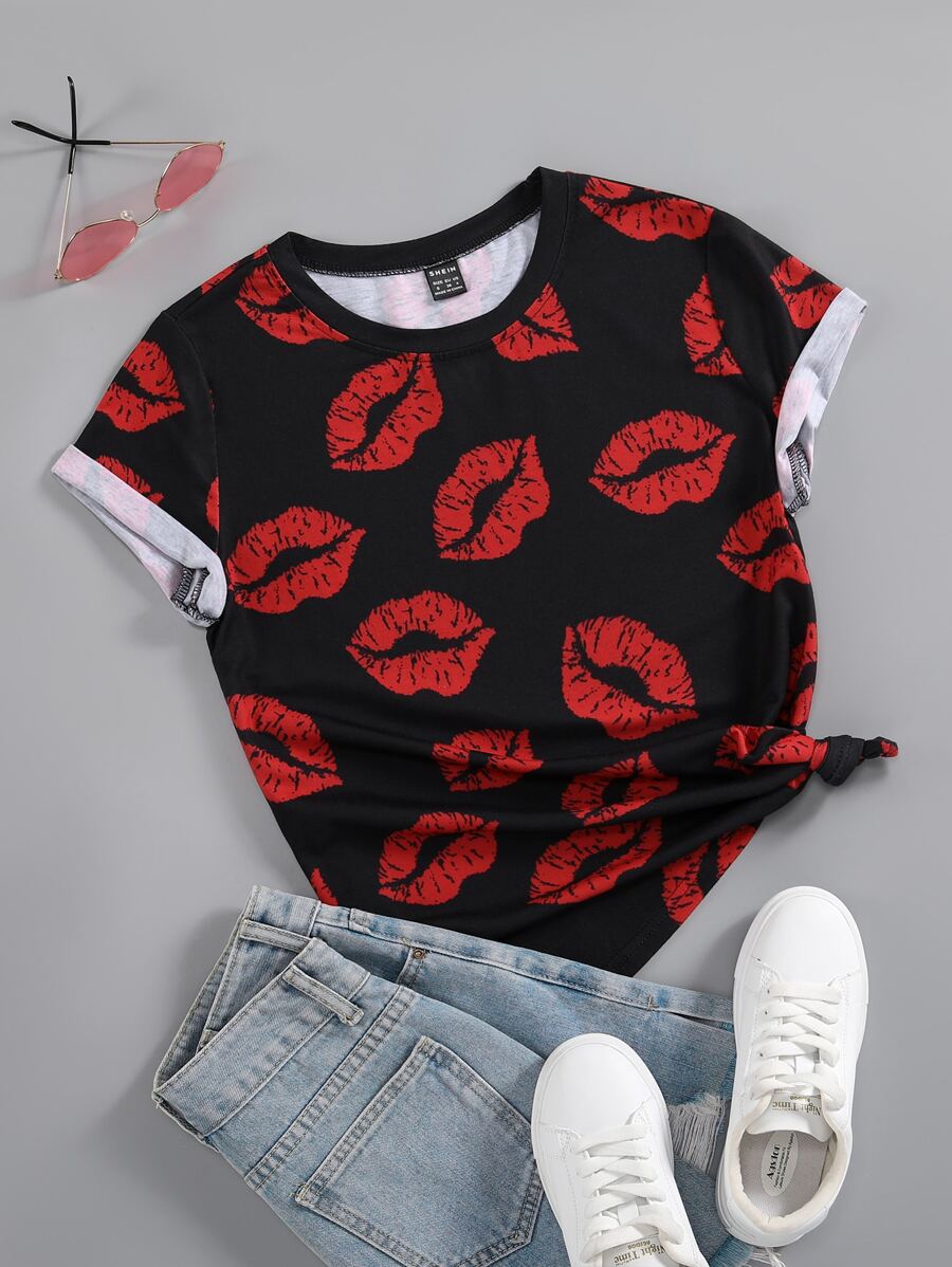 SHEIN LUNE Lip Print Round Neck Tee - Black - View 1