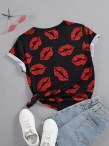 SHEIN LUNE Lip Print Round Neck Tee - Black - View 2