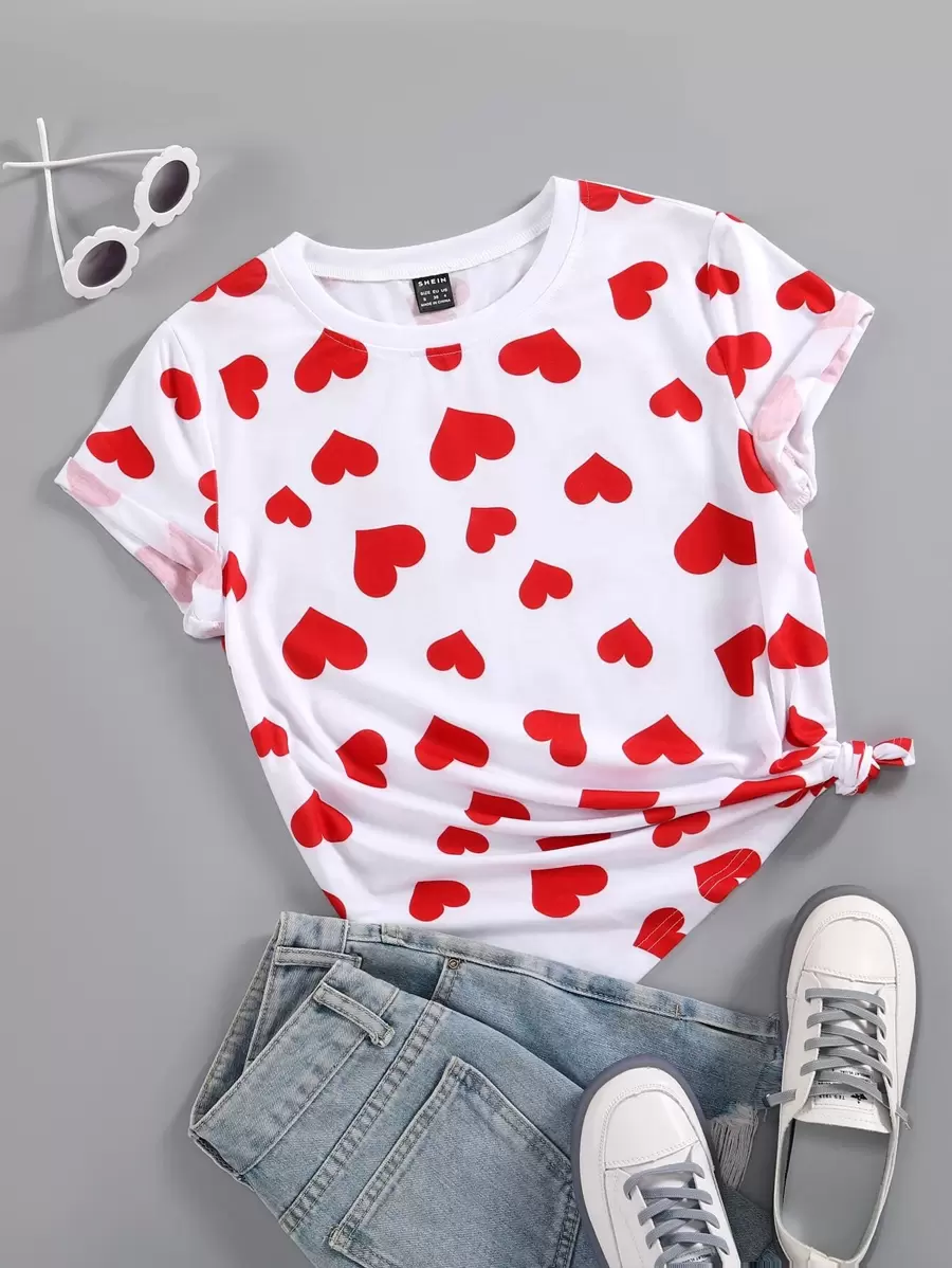 SHEIN Unity Heart Print Round Neck Tee Graphic Tees Women Tops - White - View 1