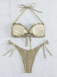 褶邊紋理露背頸式夏日沙灘比基尼套裝 - 卡其色 - 查看 3