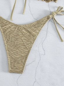褶邊紋理露背頸式夏日沙灘比基尼套裝 - 卡其色 - 查看 4