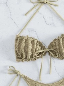 褶邊紋理露背頸式夏日沙灘比基尼套裝 - 卡其色 - 查看 5