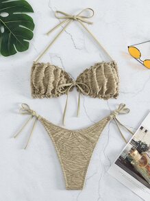 褶邊紋理露背頸式夏日沙灘比基尼套裝 - 卡其色 - 查看 6