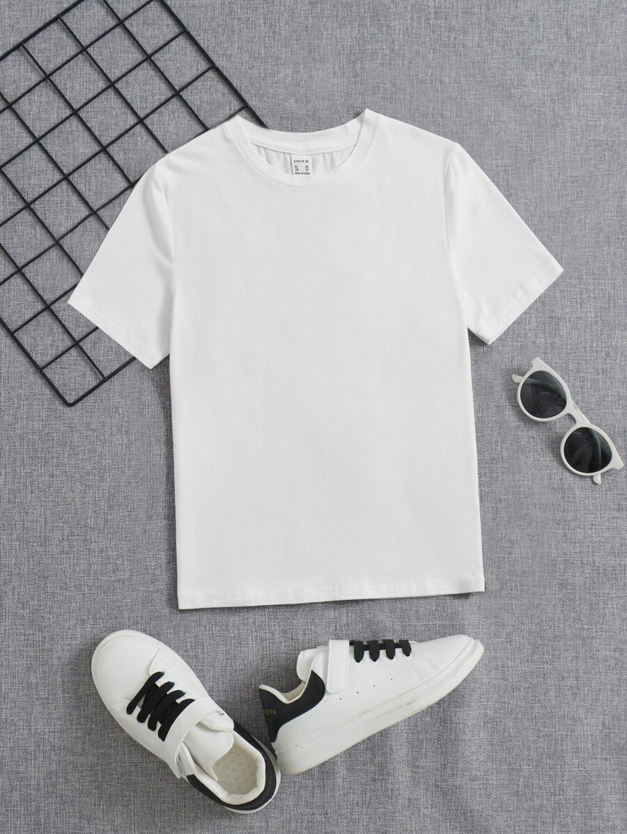 SHEIN Artist Tween Boy 圆领短袖 T 恤,适合夏季,95% 纯棉,假日、度假、春季、春假、伊比沙岛风格 - 白色 - 查看 1