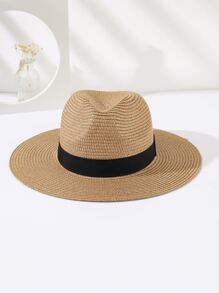 1pc women Summer Contrast Tape Straw Hat - Camel - View 2