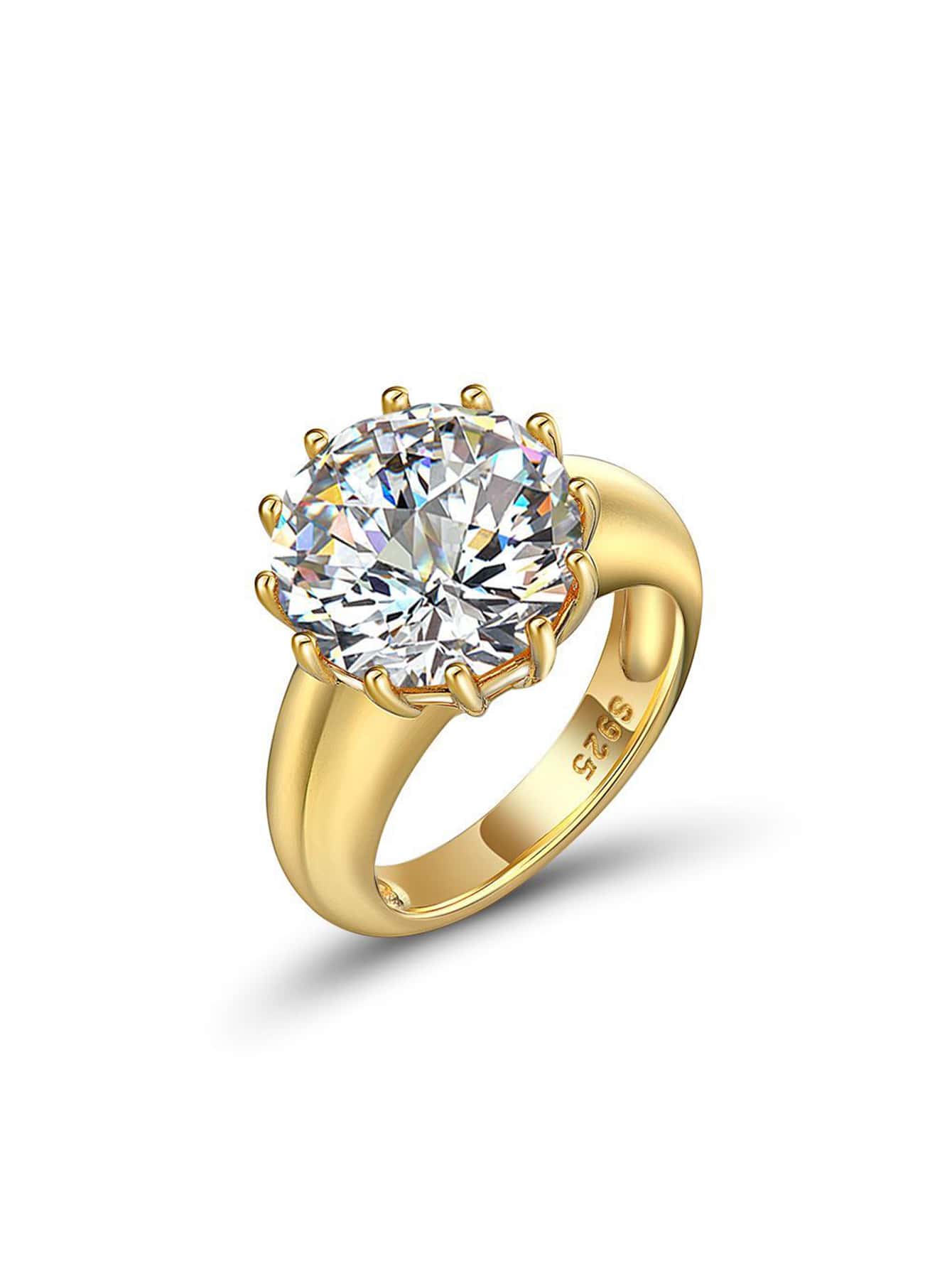 方晶鋯石裝飾銀戒指 - 金黃色 - 查看 1