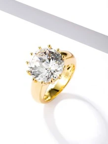 方晶鋯石裝飾銀戒指 - 金黃色 - 查看 3