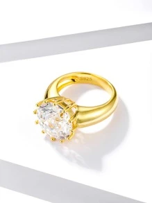 方晶鋯石裝飾銀戒指 - 金黃色 - 查看 5