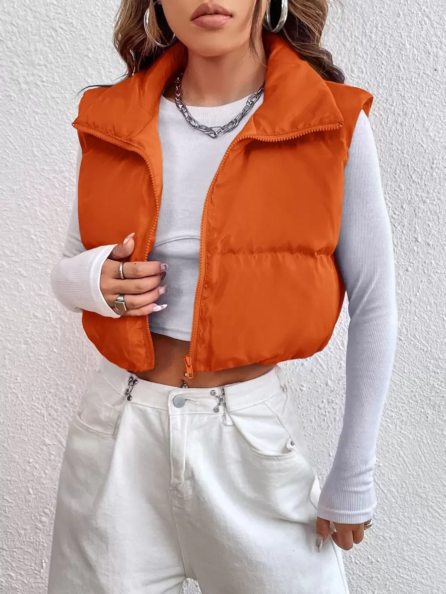 SHEIN EZwear 前拉链背心夹棉外套 - 橘色 - 查看 1