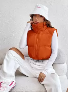 SHEIN EZwear 前拉链背心夹棉外套 - 橘色 - 查看 4