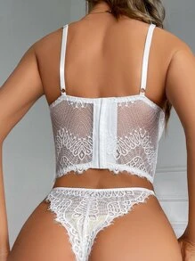 Floral Lace Underwire Lingerie Set - White - View 2