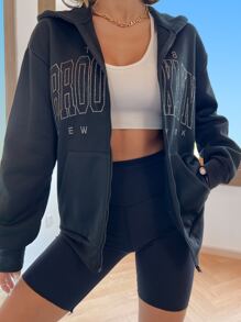 SHEIN Unity Rhinestone Letter Zip Up Drop Shoulder Sweatshirt - Black - View 3