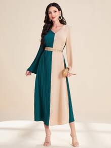 Al Najma Two Tone Pleated Detail Dress With Belt - Multicolor - View 1