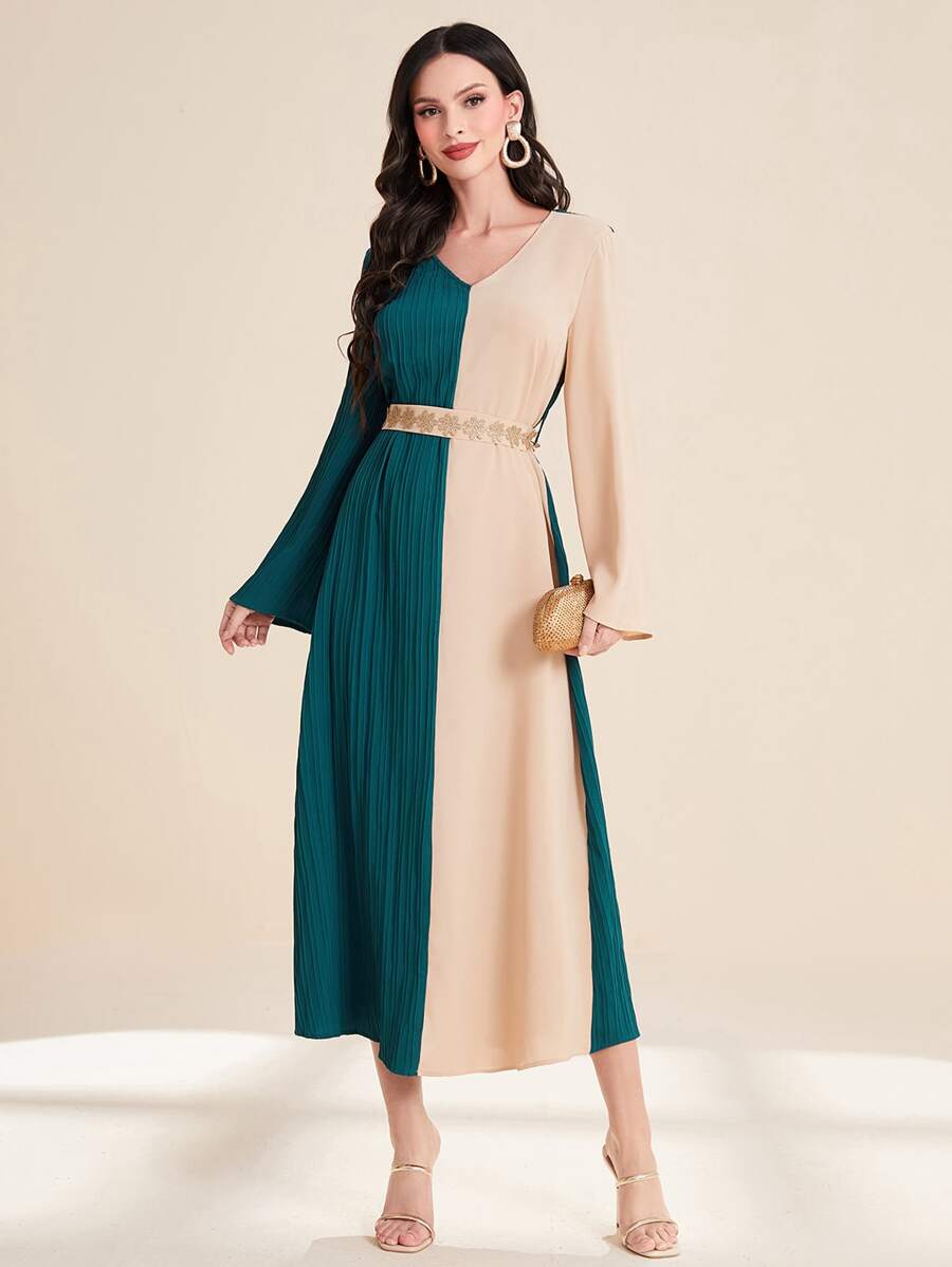 Al Najma Two Tone Pleated Detail Dress With Belt - Multicolor - View 1