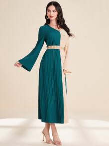 Al Najma Two Tone Pleated Detail Dress With Belt - Multicolor - View 3