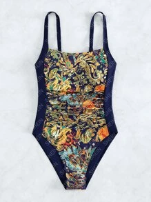 Traje de baño de una pieza con fruncido y estampado de paisley, para vacaciones de verano en la playa - Multicolor - Ver 3