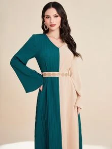 Al Najma Two Tone Pleated Detail Dress With Belt - Multicolor - View 5