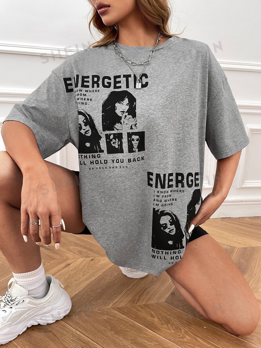 SHEIN EZwear Camiseta de manga corta con gráfico de figura y lema ENERGÉTICO AHORA DE DÓNDE A DÓNDE VAS NADA TE DETENDRÁ SE TU PROPIO SOL ENERGÉTICO SÉ DE DÓNDE VENGO Y A DÓNDE VOY NADA ME DETENDRÁ
