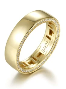 男士方晶鋯石裝飾銀戒指 - 金黃色 - 查看 1