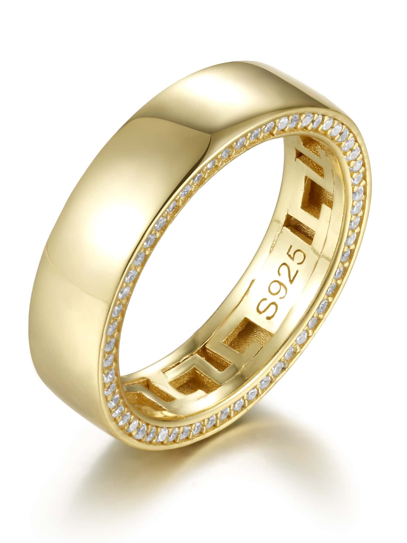 男士方晶鋯石裝飾銀戒指 - 金黃色 - 查看 1