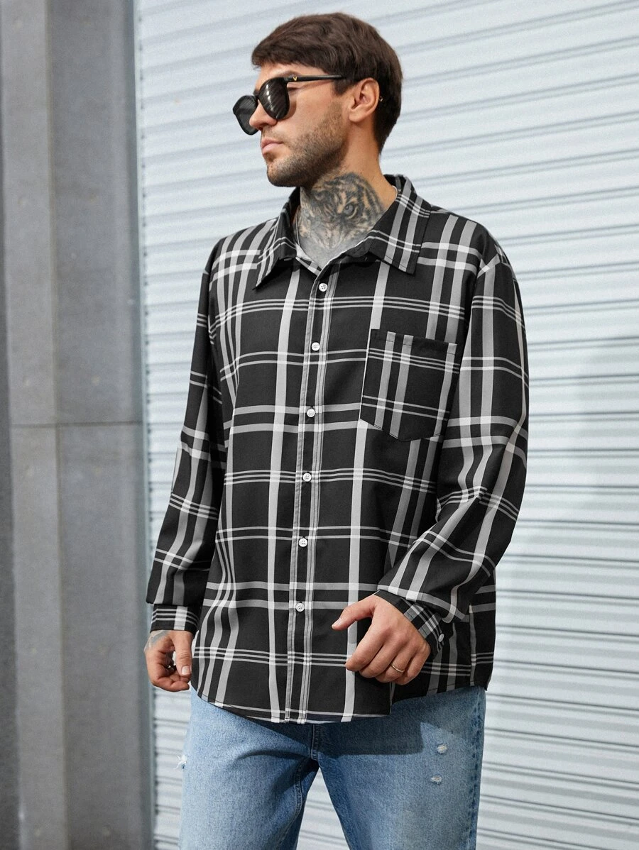 Manfinity Men Plus Plaid Print Pocket Patched Shirt - Black - View 1