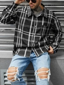 Manfinity Men Plus Plaid Print Pocket Patched Shirt - Black - View 4