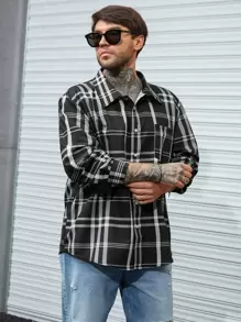 Manfinity Men Plus Plaid Print Pocket Patched Shirt - Black - View 3