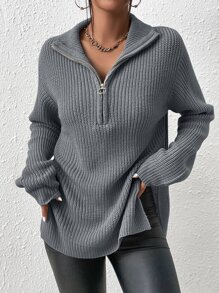 SHEIN Frenchy Half Zip Ribbed Knit Drop Shoulder Split Hem Jumper - Grey - View 6