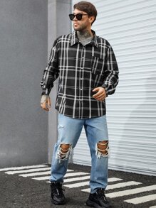 Manfinity Men Plus Plaid Print Pocket Patched Shirt - Black - View 5