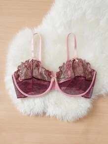 Plus Embroidery Mesh Underwire Bra - Purple - View 5