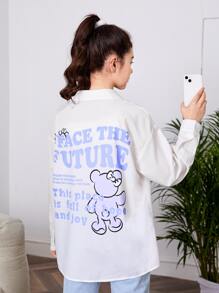 SHEIN Teen Girls Bear & Slogan Graphic Drop Shoulder Shirt - White - View 1