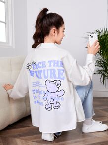 SHEIN Teen Girls Bear & Slogan Graphic Drop Shoulder Shirt - White - View 2