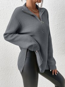 SHEIN Frenchy Half Zip Ribbed Knit Drop Shoulder Split Hem Jumper - Grey - View 7