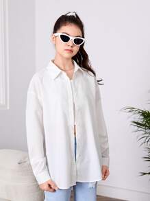 SHEIN Teen Girls Bear & Slogan Graphic Drop Shoulder Shirt - White - View 3