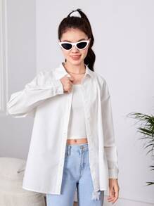 SHEIN Teen Girls Bear & Slogan Graphic Drop Shoulder Shirt - White - View 4