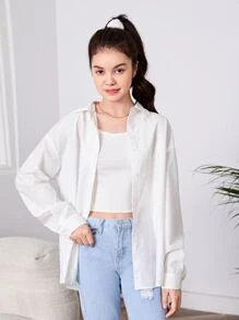 SHEIN Teen Girls Bear & Slogan Graphic Drop Shoulder Shirt - White - View 6