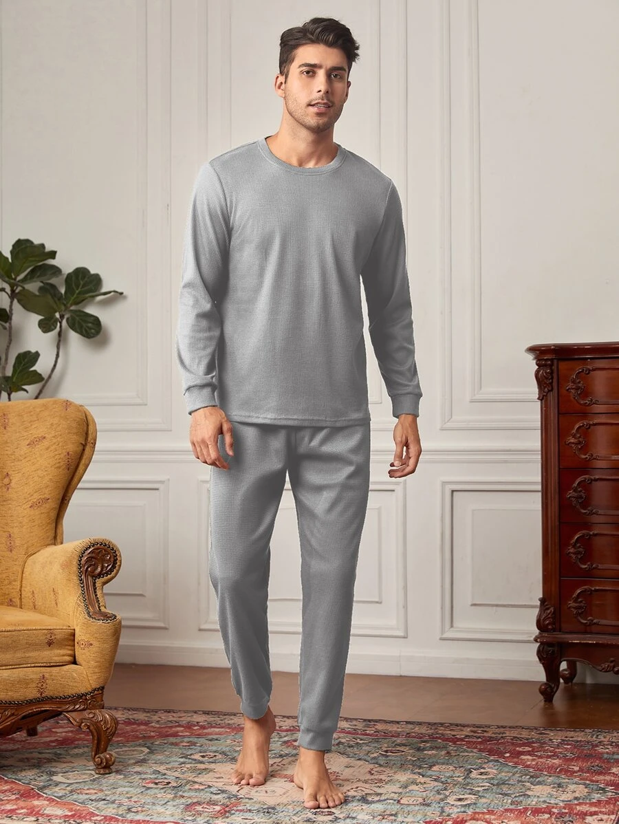 Men Solid Tee & Trousers PJ Set - Light Grey - View 1
