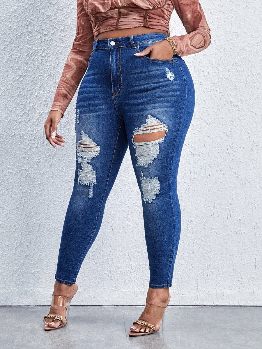 SHEIN SXY Plus High Waist Ripped Skinny Jeans - Medium Wash - View 1