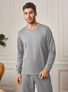 Men Solid Tee & Trousers PJ Set - Light Grey - View 3