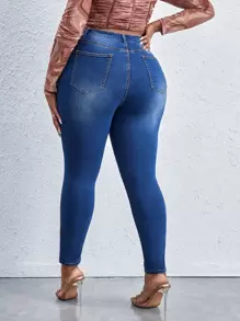 SHEIN SXY Plus High Waist Ripped Skinny Jeans - Medium Wash - View 2