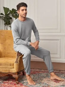 Men Solid Tee & Trousers PJ Set - Light Grey - View 4