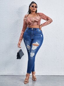 SHEIN SXY Plus High Waist Ripped Skinny Jeans - Medium Wash - View 3