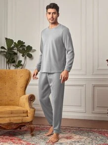 Men Solid Tee & Trousers PJ Set - Light Grey - View 5