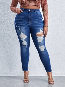 SHEIN SXY Plus High Waist Ripped Skinny Jeans - Medium Wash - View 5