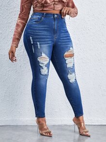 SHEIN SXY Plus High Waist Ripped Skinny Jeans - Medium Wash - View 6