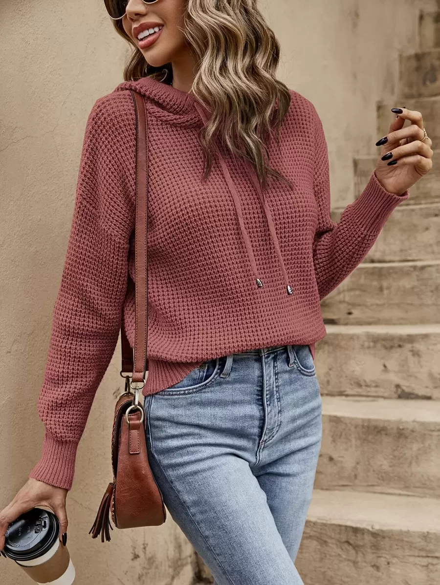 SHEIN Frenchy Solid Drawstring Hooded Drop Shoulder Jumper - Dusty Pink - View 1