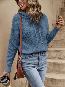SHEIN Frenchy Solid Drawstring Hooded Drop Shoulder Jumper - Dusty Blue - View 1