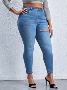 SHEIN SXY Plus High Waist Ripped Skinny Jeans - Light Wash - View 5