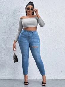 SHEIN SXY Plus High Waist Ripped Skinny Jeans - Light Wash - View 3